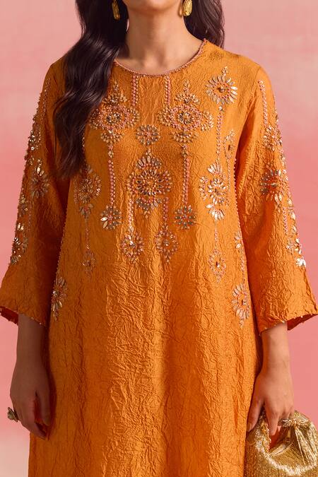 Buy One Not Two Orange Silk, Cotton, Satin Sequins, Embroidered Asymmetric Hem Kurta And Pant Set Online at Aza Fashions Buy_One Not Two_Orange Silk, Cotton, Satin Sequins, Embroidered Asymmetric Hem Kurta And Pant Set _Online_at_Aza_Fashions