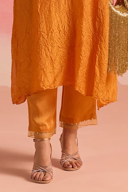 Shop One Not Two Orange Silk, Cotton, Satin Sequins, Embroidered Asymmetric Hem Kurta And Pant Set Online at Aza Fashions Shop_One Not Two_Orange Silk, Cotton, Satin Sequins, Embroidered Asymmetric Hem Kurta And Pant Set _Online_at_Aza_Fashions