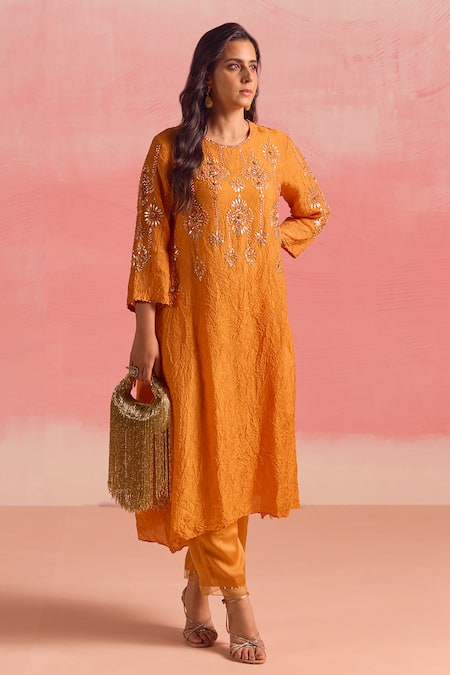 One Not Two Orange Silk, Cotton, Satin Sequins, Embroidered Asymmetric Hem Kurta And Pant Set at Aza Fashions One Not Two_Orange Silk, Cotton, Satin Sequins, Embroidered Asymmetric Hem Kurta And Pant Set _at_Aza_Fashions
