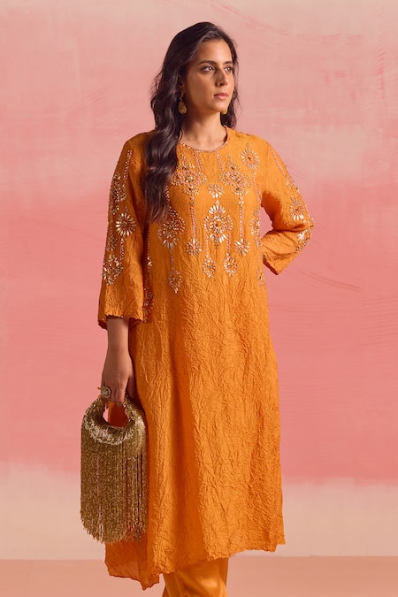 Buy One Not Two Orange Silk, Cotton, Satin Sequins, Embroidered Asymmetric Hem Kurta And Pant Set Buy_One Not Two_Orange Silk, Cotton, Satin Sequins, Embroidered Asymmetric Hem Kurta And Pant Set