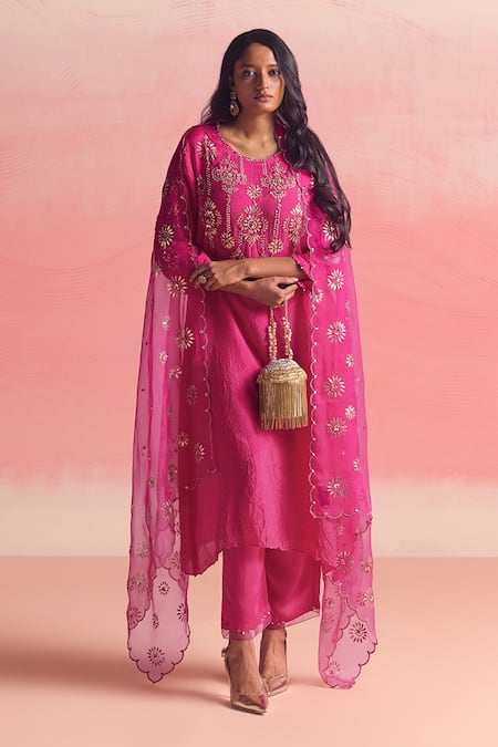 One Not Two Geometric Embroidered Asymmetric A-Line Kurta & Pant Set 