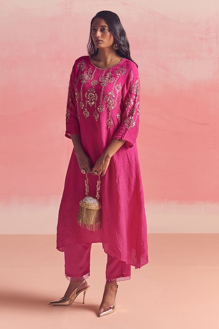 Shop One Not Two Pink Silk, Cotton, Geometric Embroidered Asymmetric A-line Kurta And Pant Set at Aza Fashions Shop_One Not Two_Pink Silk, Cotton, Geometric Embroidered Asymmetric A-line Kurta And Pant Set _at_Aza_Fashions