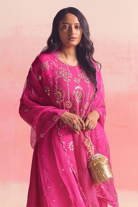 One Not Two Pink Silk, Cotton, Geometric Embroidered Asymmetric A-line Kurta And Pant Set Online at Aza Fashions One Not Two_Pink Silk, Cotton, Geometric Embroidered Asymmetric A-line Kurta And Pant Set _Online_at_Aza_Fashions