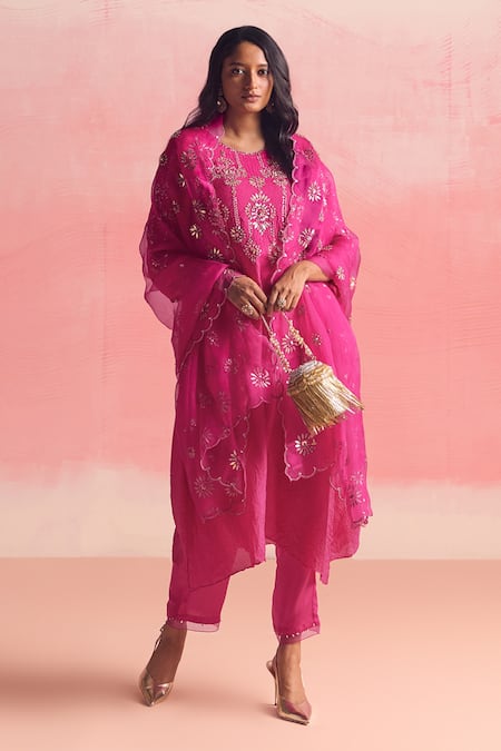 Buy One Not Two Pink Silk, Cotton, Geometric Embroidered Asymmetric A-line Kurta And Pant Set Online at Aza Fashions Buy_One Not Two_Pink Silk, Cotton, Geometric Embroidered Asymmetric A-line Kurta And Pant Set _Online_at_Aza_Fashions