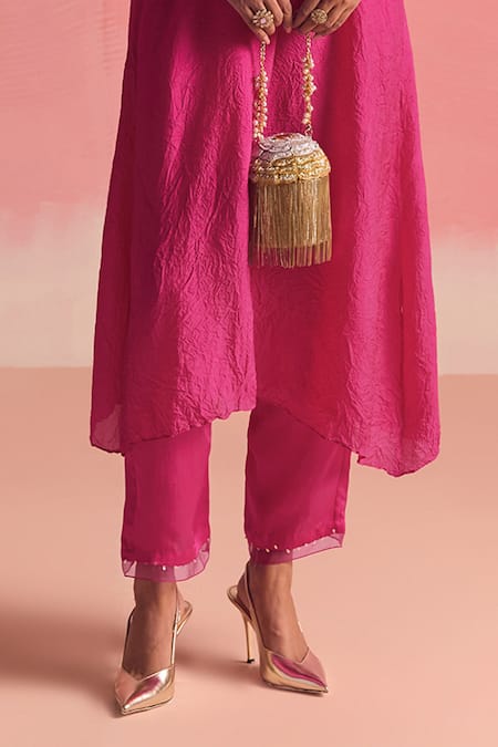 Shop One Not Two Pink Silk, Cotton, Geometric Embroidered Asymmetric A-line Kurta And Pant Set Online at Aza Fashions Shop_One Not Two_Pink Silk, Cotton, Geometric Embroidered Asymmetric A-line Kurta And Pant Set _Online_at_Aza_Fashions