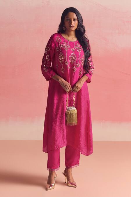 One Not Two Pink Silk, Cotton, Geometric Embroidered Asymmetric A-line Kurta And Pant Set at Aza Fashions One Not Two_Pink Silk, Cotton, Geometric Embroidered Asymmetric A-line Kurta And Pant Set _at_Aza_Fashions