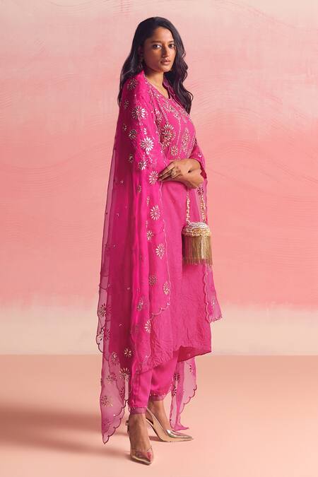Buy One Not Two Pink Silk, Cotton, Geometric Embroidered Asymmetric A-line Kurta And Pant Set Buy_One Not Two_Pink Silk, Cotton, Geometric Embroidered Asymmetric A-line Kurta And Pant Set