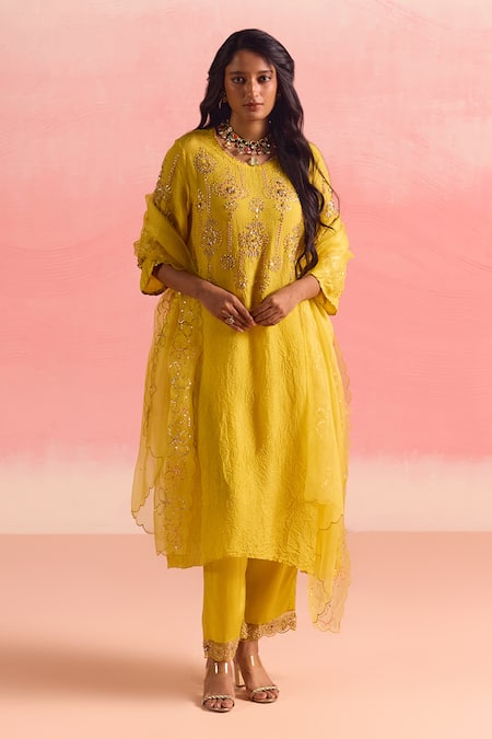 One Not Two Crushed Silk Embroidered Asymmetric Kurta & Pant Set 