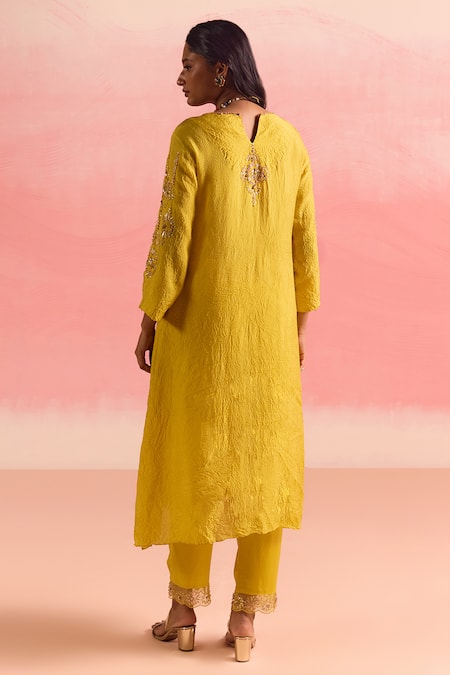 Shop One Not Two Yellow Silk, Cotton, Satin Sequins, Crushed Asymmetric Kurta And Pant Set at Aza Fashions Shop_One Not Two_Yellow Silk, Cotton, Satin Sequins, Crushed Asymmetric Kurta And Pant Set _at_Aza_Fashions