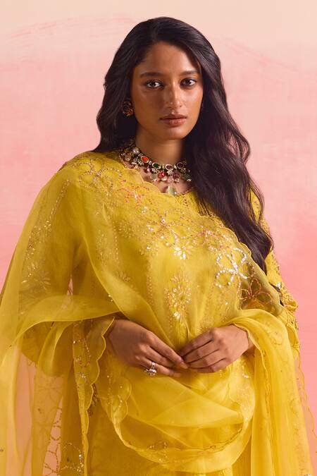 One Not Two Yellow Silk, Cotton, Satin Sequins, Crushed Asymmetric Kurta And Pant Set Online at Aza Fashions One Not Two_Yellow Silk, Cotton, Satin Sequins, Crushed Asymmetric Kurta And Pant Set _Online_at_Aza_Fashions