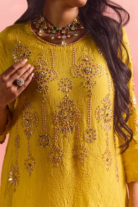 Buy One Not Two Yellow Silk, Cotton, Satin Sequins, Crushed Asymmetric Kurta And Pant Set Online at Aza Fashions Buy_One Not Two_Yellow Silk, Cotton, Satin Sequins, Crushed Asymmetric Kurta And Pant Set _Online_at_Aza_Fashions