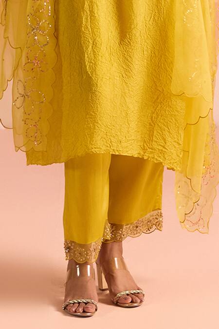 Shop One Not Two Yellow Silk, Cotton, Satin Sequins, Crushed Asymmetric Kurta And Pant Set Online at Aza Fashions Shop_One Not Two_Yellow Silk, Cotton, Satin Sequins, Crushed Asymmetric Kurta And Pant Set _Online_at_Aza_Fashions