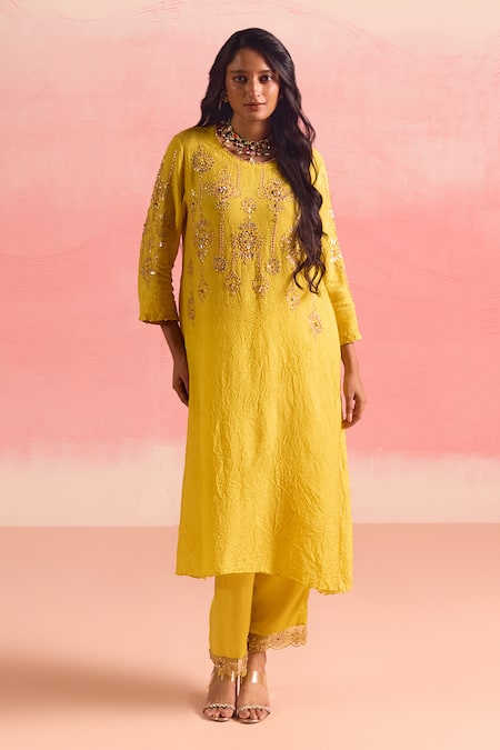 One Not Two Yellow Silk, Cotton, Satin Sequins, Crushed Asymmetric Kurta And Pant Set at Aza Fashions One Not Two_Yellow Silk, Cotton, Satin Sequins, Crushed Asymmetric Kurta And Pant Set _at_Aza_Fashions