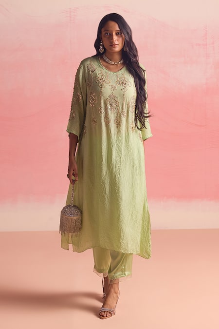 One Not Two Geometric Floral Embroidered Asymmetric A-Line Kurta & Pant Set 