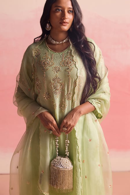 One Not Two_Green Silk, Geometric Floral Embroidered Asymmetric A-line Kurta And Pant Set _Online_at_Aza_Fashions