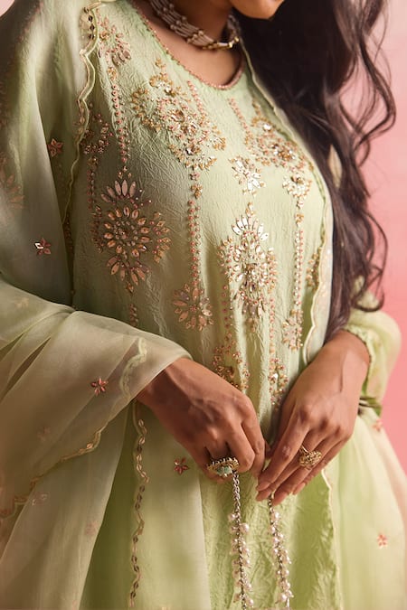 Buy_One Not Two_Green Silk, Geometric Floral Embroidered Asymmetric A-line Kurta And Pant Set _Online_at_Aza_Fashions