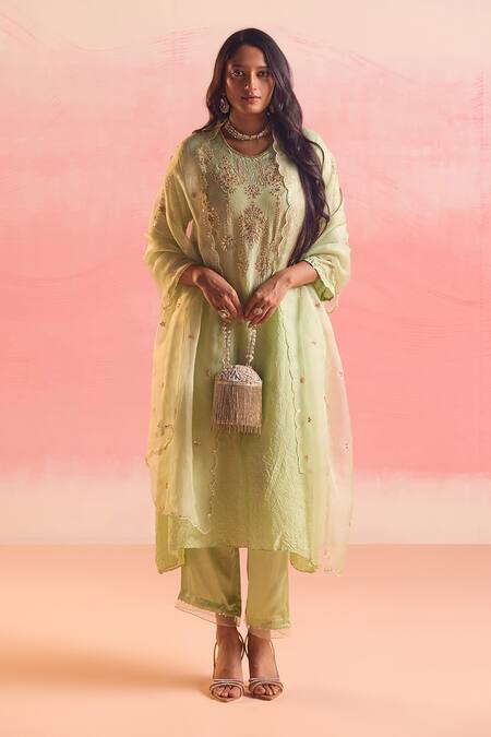 Shop_One Not Two_Green Silk, Geometric Floral Embroidered Asymmetric A-line Kurta And Pant Set _Online_at_Aza_Fashions