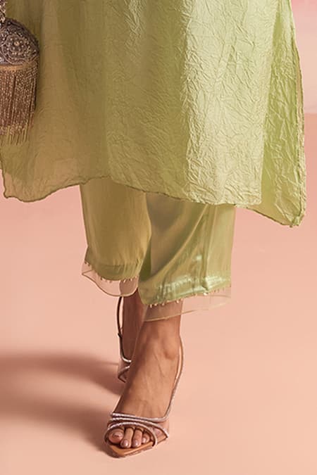 One Not Two_Green Silk, Geometric Floral Embroidered Asymmetric A-line Kurta And Pant Set _at_Aza_Fashions