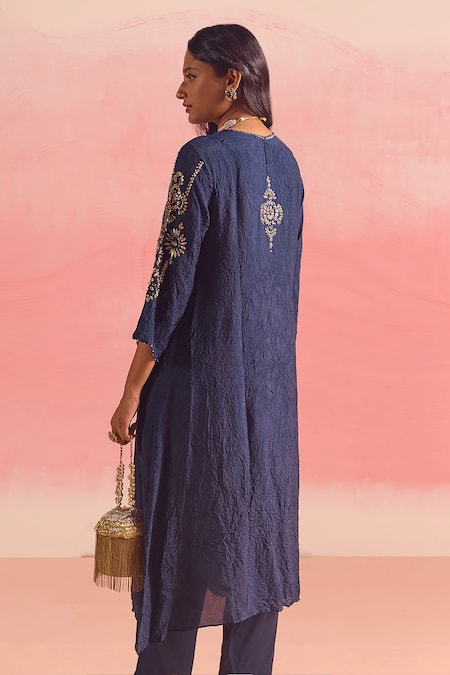 Shop One Not Two Blue Silk, Cotton, Satin Sequins, Crushed Embroidered A-line Kurta And Pant Set at Aza Fashions Shop_One Not Two_Blue Silk, Cotton, Satin Sequins, Crushed Embroidered A-line Kurta And Pant Set _at_Aza_Fashions