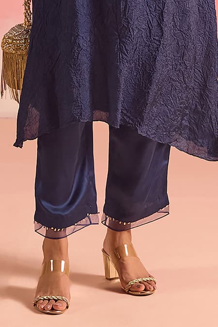 One Not Two Blue Silk, Cotton, Satin Sequins, Crushed Embroidered A-line Kurta And Pant Set Online at Aza Fashions One Not Two_Blue Silk, Cotton, Satin Sequins, Crushed Embroidered A-line Kurta And Pant Set _Online_at_Aza_Fashions