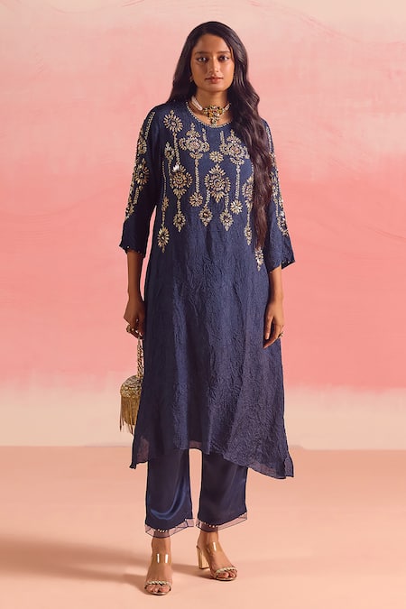 Buy One Not Two Blue Silk, Cotton, Satin Sequins, Crushed Embroidered A-line Kurta And Pant Set Online at Aza Fashions Buy_One Not Two_Blue Silk, Cotton, Satin Sequins, Crushed Embroidered A-line Kurta And Pant Set _Online_at_Aza_Fashions