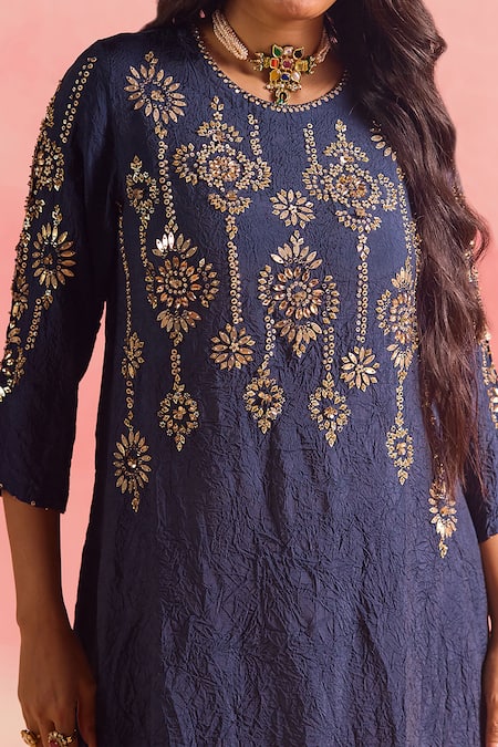 Shop One Not Two Blue Silk, Cotton, Satin Sequins, Crushed Embroidered A-line Kurta And Pant Set Online at Aza Fashions Shop_One Not Two_Blue Silk, Cotton, Satin Sequins, Crushed Embroidered A-line Kurta And Pant Set _Online_at_Aza_Fashions