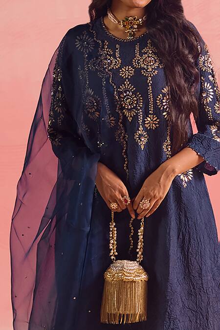 One Not Two Blue Silk, Cotton, Satin Sequins, Crushed Embroidered A-line Kurta And Pant Set at Aza Fashions One Not Two_Blue Silk, Cotton, Satin Sequins, Crushed Embroidered A-line Kurta And Pant Set _at_Aza_Fashions