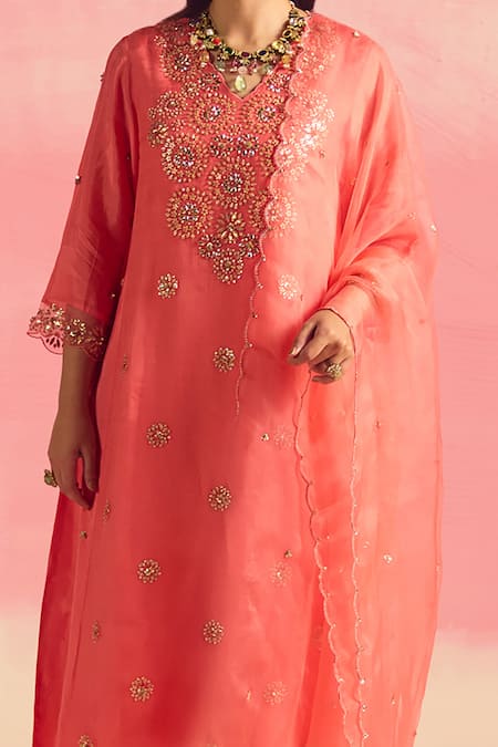One Not Two Coral Silk, Organza, Cotton, Satin Sequins, Buti A-line Kurta And Pant Set Online at Aza Fashions One Not Two_Coral Silk, Organza, Cotton, Satin Sequins, Buti A-line Kurta And Pant Set _Online_at_Aza_Fashions