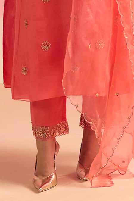 Buy One Not Two Coral Silk, Organza, Cotton, Satin Sequins, Buti A-line Kurta And Pant Set Online at Aza Fashions Buy_One Not Two_Coral Silk, Organza, Cotton, Satin Sequins, Buti A-line Kurta And Pant Set _Online_at_Aza_Fashions