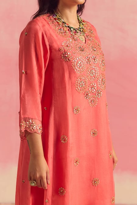 Shop One Not Two Coral Silk, Organza, Cotton, Satin Sequins, Buti A-line Kurta And Pant Set Online at Aza Fashions Shop_One Not Two_Coral Silk, Organza, Cotton, Satin Sequins, Buti A-line Kurta And Pant Set _Online_at_Aza_Fashions