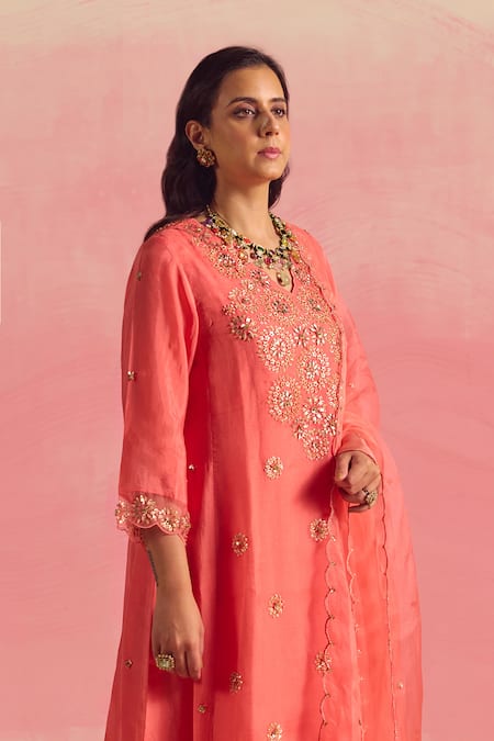 One Not Two Coral Silk, Organza, Cotton, Satin Sequins, Buti A-line Kurta And Pant Set at Aza Fashions One Not Two_Coral Silk, Organza, Cotton, Satin Sequins, Buti A-line Kurta And Pant Set _at_Aza_Fashions