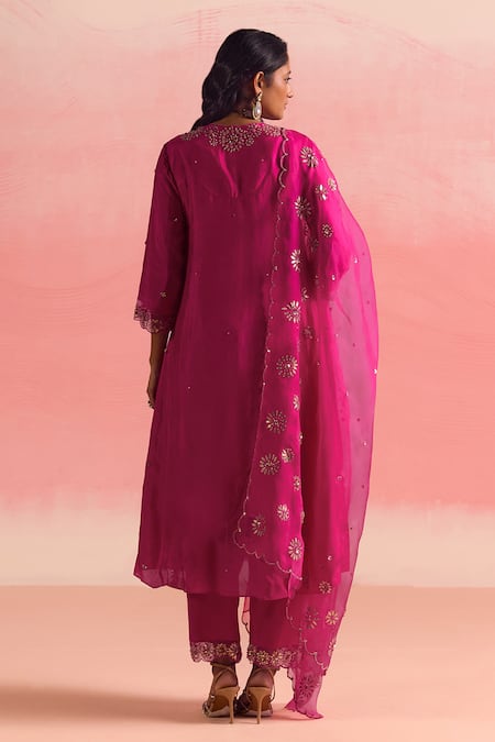 Shop One Not Two Pink Silk, Organza, Cotton, Satin Buti Embroidered Flared Kurta And Pant Set at Aza Fashions Shop_One Not Two_Pink Silk, Organza, Cotton, Satin Buti Embroidered Flared Kurta And Pant Set _at_Aza_Fashions