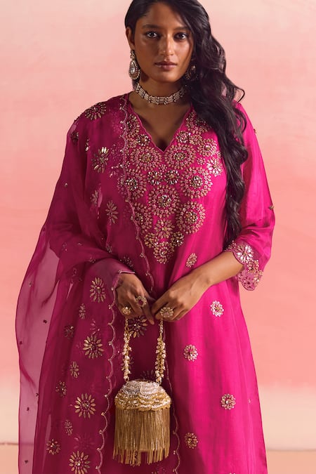 One Not Two Pink Silk, Organza, Cotton, Satin Buti Embroidered Flared Kurta And Pant Set Online at Aza Fashions One Not Two_Pink Silk, Organza, Cotton, Satin Buti Embroidered Flared Kurta And Pant Set _Online_at_Aza_Fashions
