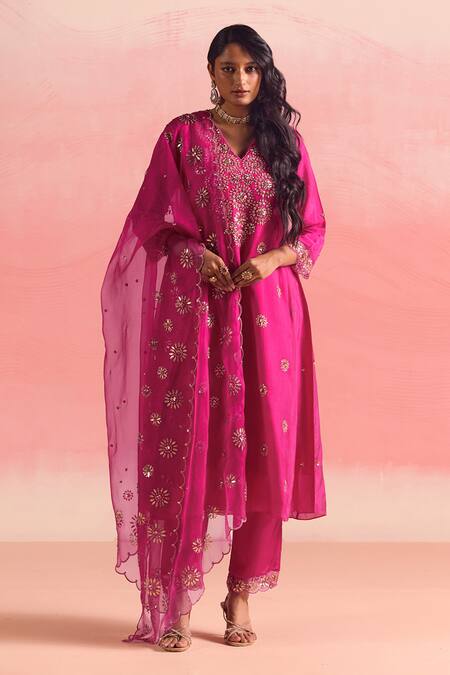Buy One Not Two Pink Silk, Organza, Cotton, Satin Buti Embroidered Flared Kurta And Pant Set Online at Aza Fashions Buy_One Not Two_Pink Silk, Organza, Cotton, Satin Buti Embroidered Flared Kurta And Pant Set _Online_at_Aza_Fashions