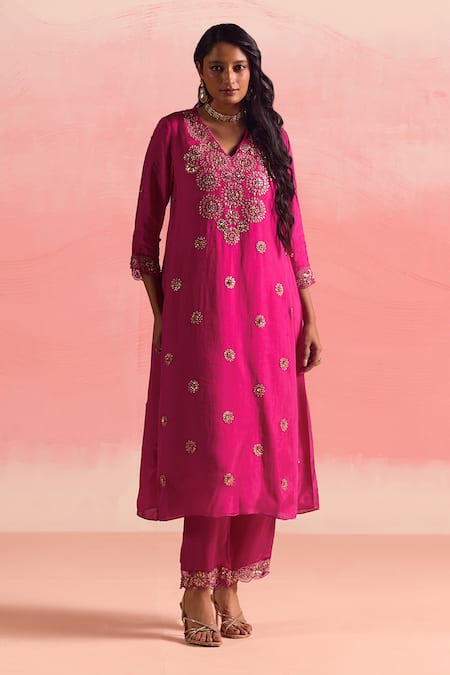 Shop One Not Two Pink Silk, Organza, Cotton, Satin Buti Embroidered Flared Kurta And Pant Set Online at Aza Fashions Shop_One Not Two_Pink Silk, Organza, Cotton, Satin Buti Embroidered Flared Kurta And Pant Set _Online_at_Aza_Fashions
