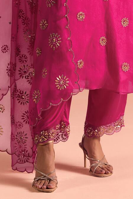 One Not Two Pink Silk, Organza, Cotton, Satin Buti Embroidered Flared Kurta And Pant Set at Aza Fashions One Not Two_Pink Silk, Organza, Cotton, Satin Buti Embroidered Flared Kurta And Pant Set _at_Aza_Fashions