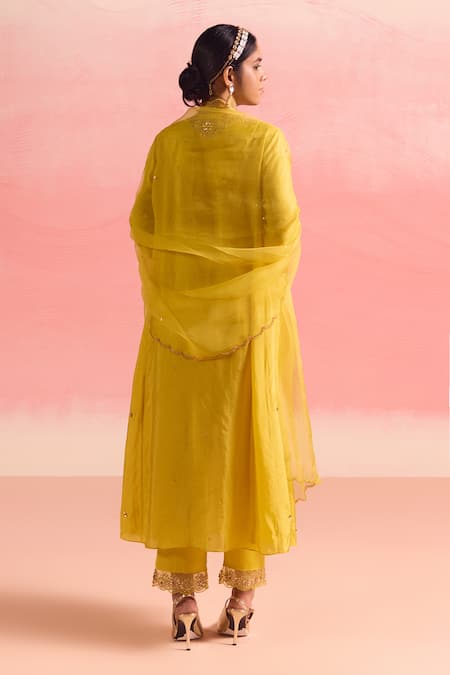 Shop One Not Two Yellow Silk, Organza, Cotton, Satin Buti Scallop Edged Kurta And Pant Set at Aza Fashions Shop_One Not Two_Yellow Silk, Organza, Cotton, Satin Buti Scallop Edged Kurta And Pant Set _at_Aza_Fashions