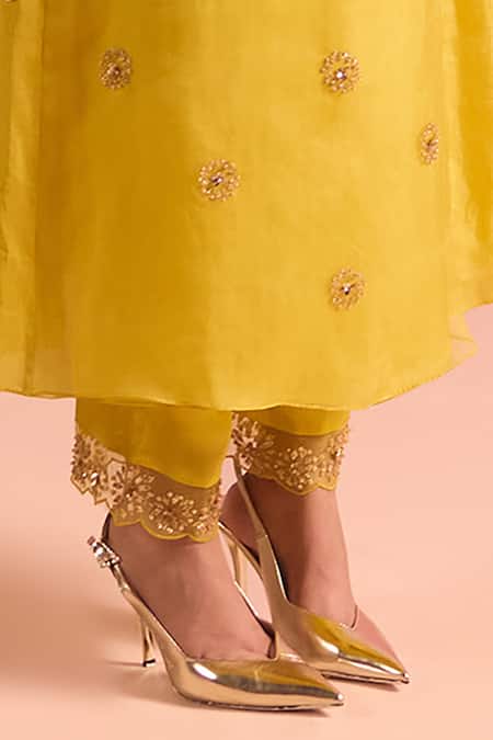 One Not Two Yellow Silk, Organza, Cotton, Satin Buti Scallop Edged Kurta And Pant Set Online at Aza Fashions One Not Two_Yellow Silk, Organza, Cotton, Satin Buti Scallop Edged Kurta And Pant Set _Online_at_Aza_Fashions