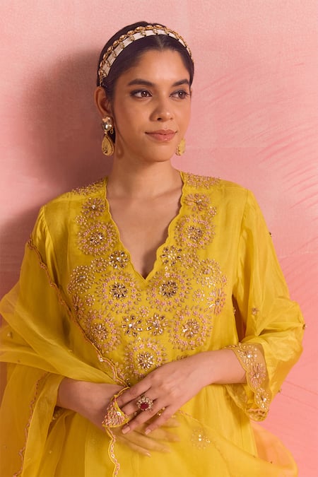 Buy One Not Two Yellow Silk, Organza, Cotton, Satin Buti Scallop Edged Kurta And Pant Set Online at Aza Fashions Buy_One Not Two_Yellow Silk, Organza, Cotton, Satin Buti Scallop Edged Kurta And Pant Set _Online_at_Aza_Fashions