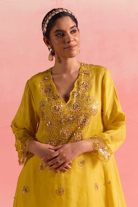 Shop One Not Two Yellow Silk, Organza, Cotton, Satin Buti Scallop Edged Kurta And Pant Set Online at Aza Fashions Shop_One Not Two_Yellow Silk, Organza, Cotton, Satin Buti Scallop Edged Kurta And Pant Set _Online_at_Aza_Fashions