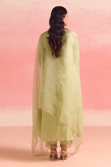 Shop One Not Two Green Silk, Organza, Cotton, Satin Sequins, Buti Yoke Kurta And Pant Set at Aza Fashions Shop_One Not Two_Green Silk, Organza, Cotton, Satin Sequins, Buti Yoke Kurta And Pant Set _at_Aza_Fashions
