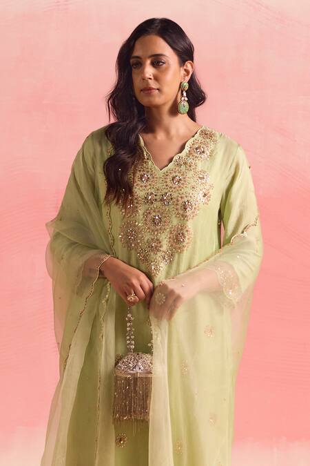 One Not Two Green Silk, Organza, Cotton, Satin Sequins, Buti Yoke Kurta And Pant Set Online at Aza Fashions One Not Two_Green Silk, Organza, Cotton, Satin Sequins, Buti Yoke Kurta And Pant Set _Online_at_Aza_Fashions