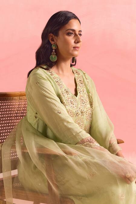 Shop One Not Two Green Silk, Organza, Cotton, Satin Sequins, Buti Yoke Kurta And Pant Set Online at Aza Fashions Shop_One Not Two_Green Silk, Organza, Cotton, Satin Sequins, Buti Yoke Kurta And Pant Set _Online_at_Aza_Fashions
