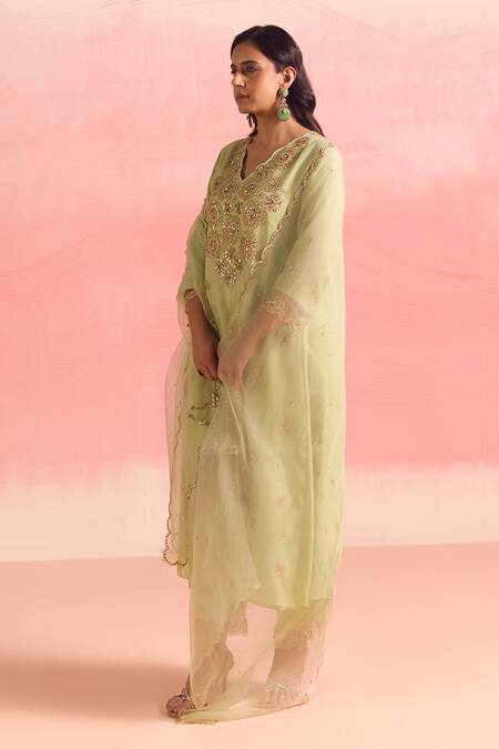 One Not Two Green Silk, Organza, Cotton, Satin Sequins, Buti Yoke Kurta And Pant Set at Aza Fashions One Not Two_Green Silk, Organza, Cotton, Satin Sequins, Buti Yoke Kurta And Pant Set _at_Aza_Fashions
