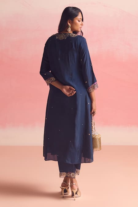 Shop One Not Two Blue Silk, Organza, Cotton, Buti Embroidered Flared A-line Kurta And Pant Set at Aza Fashions Shop_One Not Two_Blue Silk, Organza, Cotton, Buti Embroidered Flared A-line Kurta And Pant Set _at_Aza_Fashions