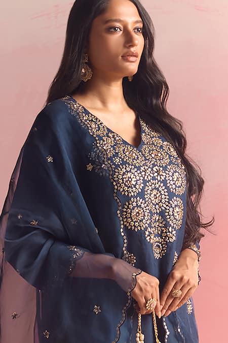 Shop One Not Two Blue Silk, Organza, Cotton, Buti Embroidered Flared A-line Kurta And Pant Set Online at Aza Fashions Shop_One Not Two_Blue Silk, Organza, Cotton, Buti Embroidered Flared A-line Kurta And Pant Set _Online_at_Aza_Fashions