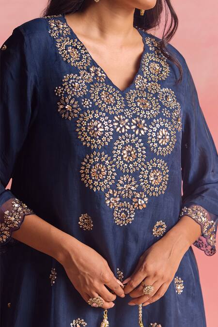 One Not Two Blue Silk, Organza, Cotton, Buti Embroidered Flared A-line Kurta And Pant Set at Aza Fashions One Not Two_Blue Silk, Organza, Cotton, Buti Embroidered Flared A-line Kurta And Pant Set _at_Aza_Fashions