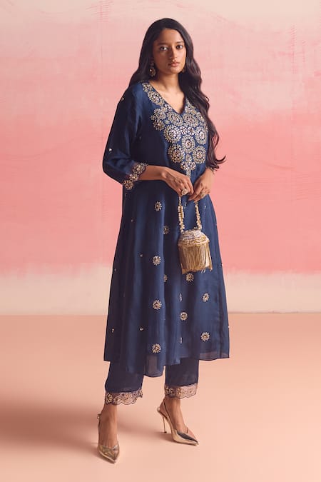 Buy One Not Two Blue Silk, Organza, Cotton, Buti Embroidered Flared A-line Kurta And Pant Set Buy_One Not Two_Blue Silk, Organza, Cotton, Buti Embroidered Flared A-line Kurta And Pant Set
