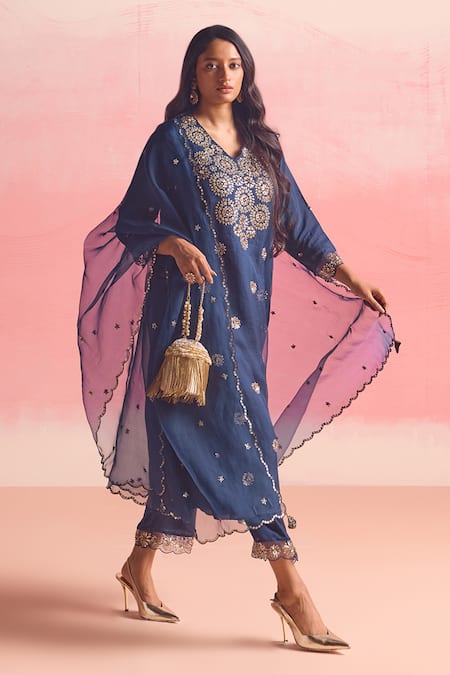Shop One Not Two Blue Silk, Organza, Cotton, Buti Embroidered Flared A-line Kurta And Pant Set Shop_One Not Two_Blue Silk, Organza, Cotton, Buti Embroidered Flared A-line Kurta And Pant Set