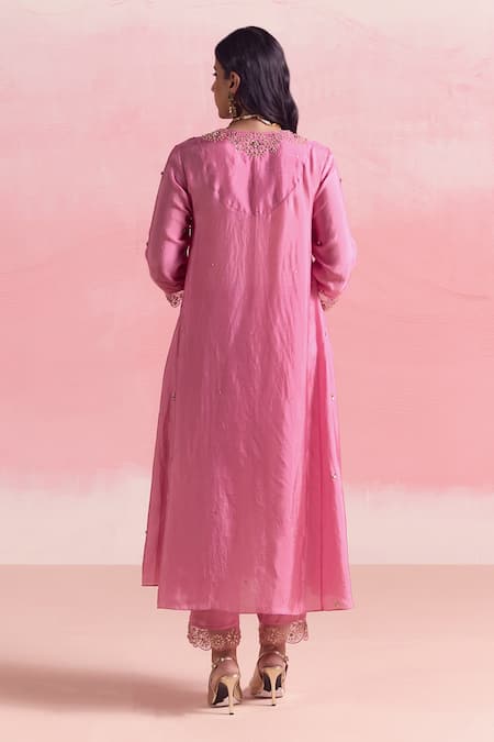 Shop One Not Two Pink Silk, Organza, Cotton, Satin Crystals Flared A-line Kurta And Pant Set at Aza Fashions Shop_One Not Two_Pink Silk, Organza, Cotton, Satin Crystals Flared A-line Kurta And Pant Set _at_Aza_Fashions